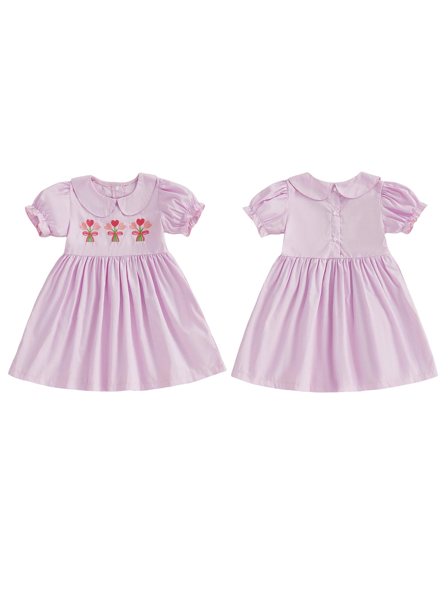 Girls Princess A-Line Dress - Floral Embroidery Doll Collar Short Sleeve