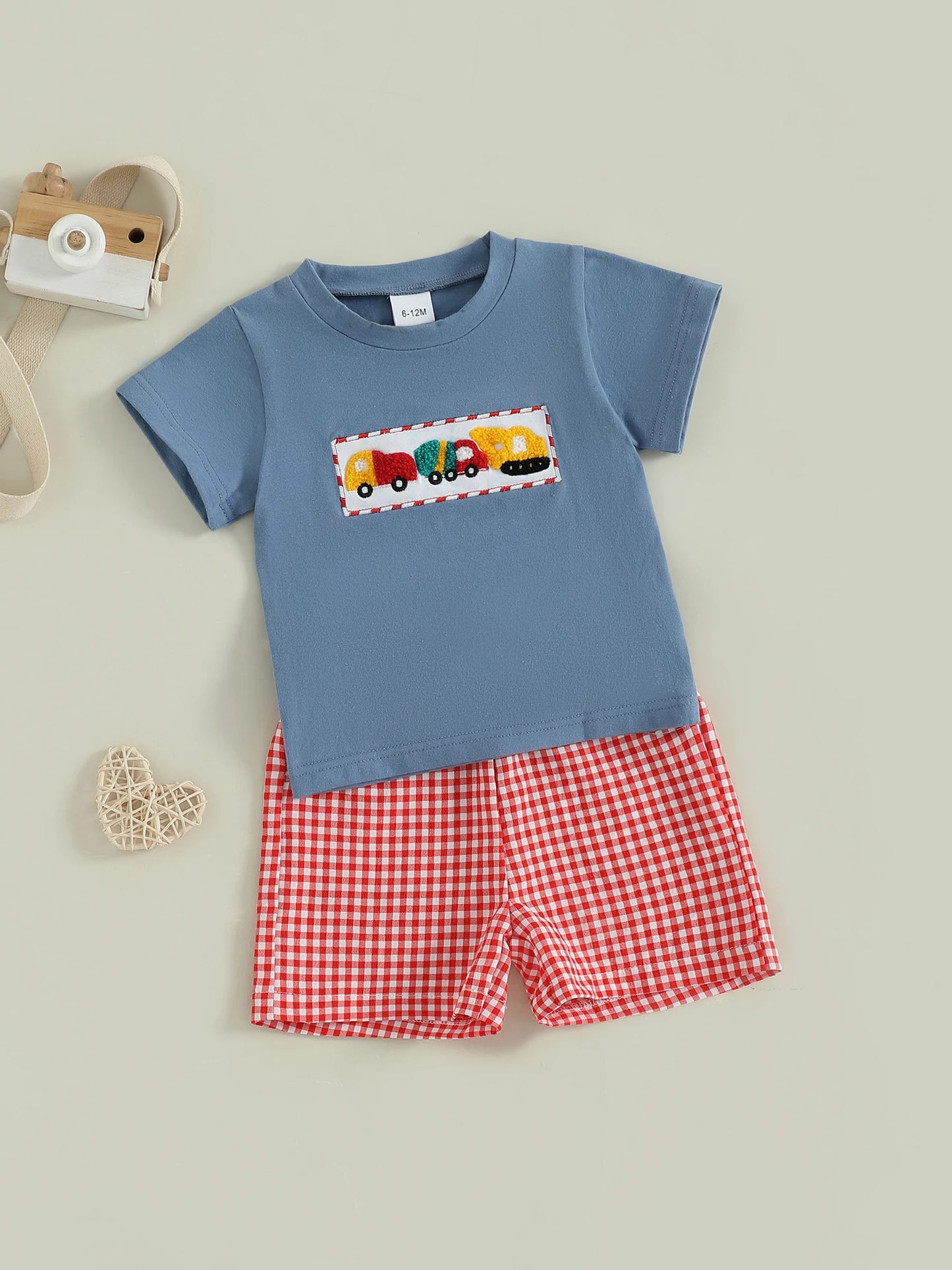 0-4Y Toddler Kids Boys Summer Clothes Sets Car Embroidery Short Sleeve Round Neck T-Shirts Plaid Elastic Waist Shorts