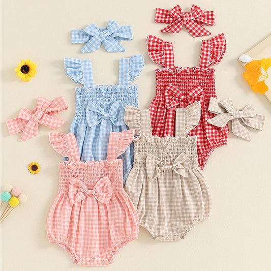 0-18M Baby Girls Summer Romper Outfits Fly Sleeve Plaid Print Ruffles Bowknot Jumpsuits with Headband