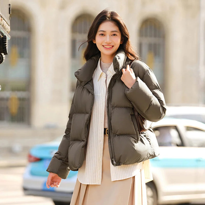 Down Jacket Women Three-Proof Solid Color Stand-Up Collar Loose Simple Winter Versatile Goose Warm