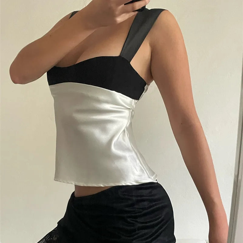 Women's Satin Plunge Crop Top  - Panelled Backless Cropped Vest Top