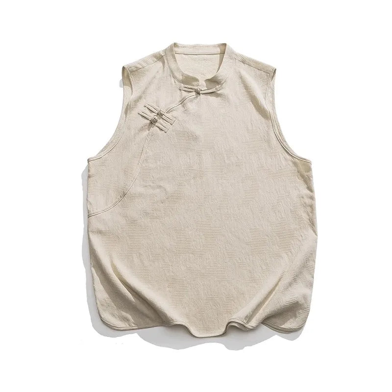 Men's Summer Tank Top Chinese Style Loose Stand Collar Cotton Casual Breathable Sleeveless Vest