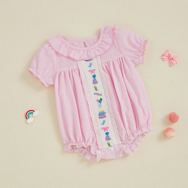 Baby Girls Birthday Romper with Cake Embroidery - Plaid Doll Collar Jumpsuit (0-24M)