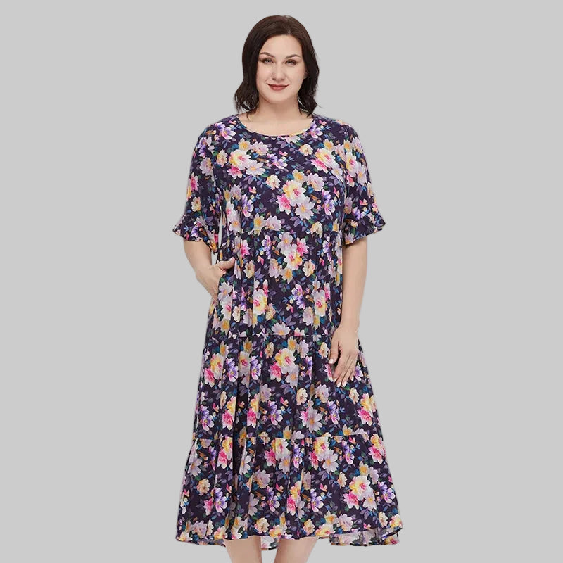 Women's Oversized Floral Print A-Line Midi Dress