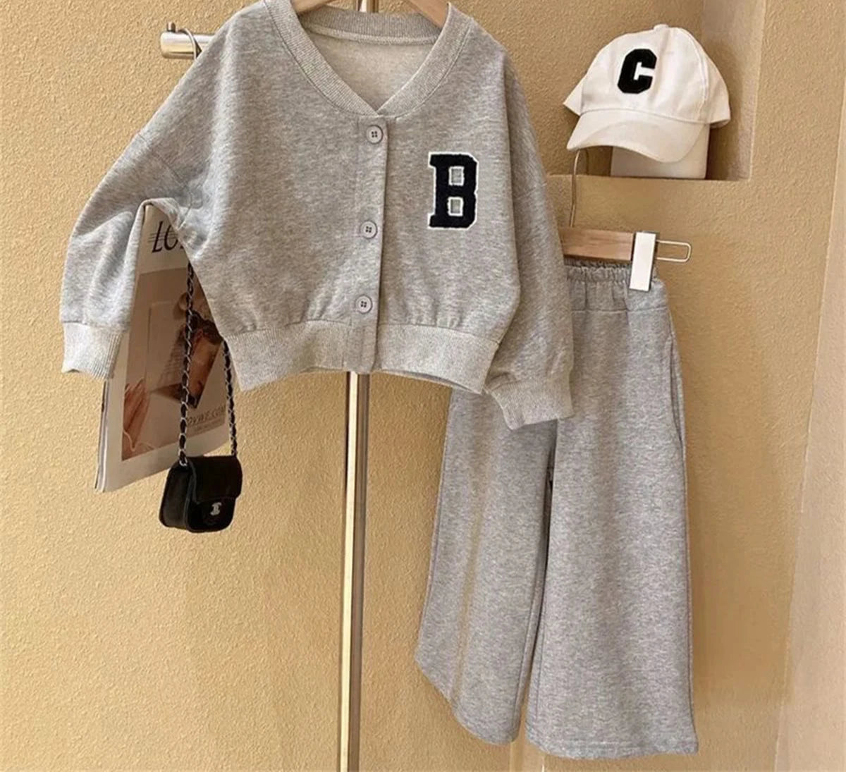 Girl's Casual Baseball Jacket and Wide Leg Pants 2PCS