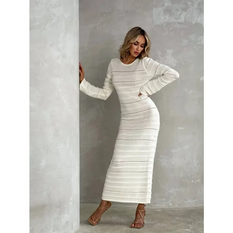 Women's Striped Hollow Two-Wear Knitted Long Dress  Sweater Dress