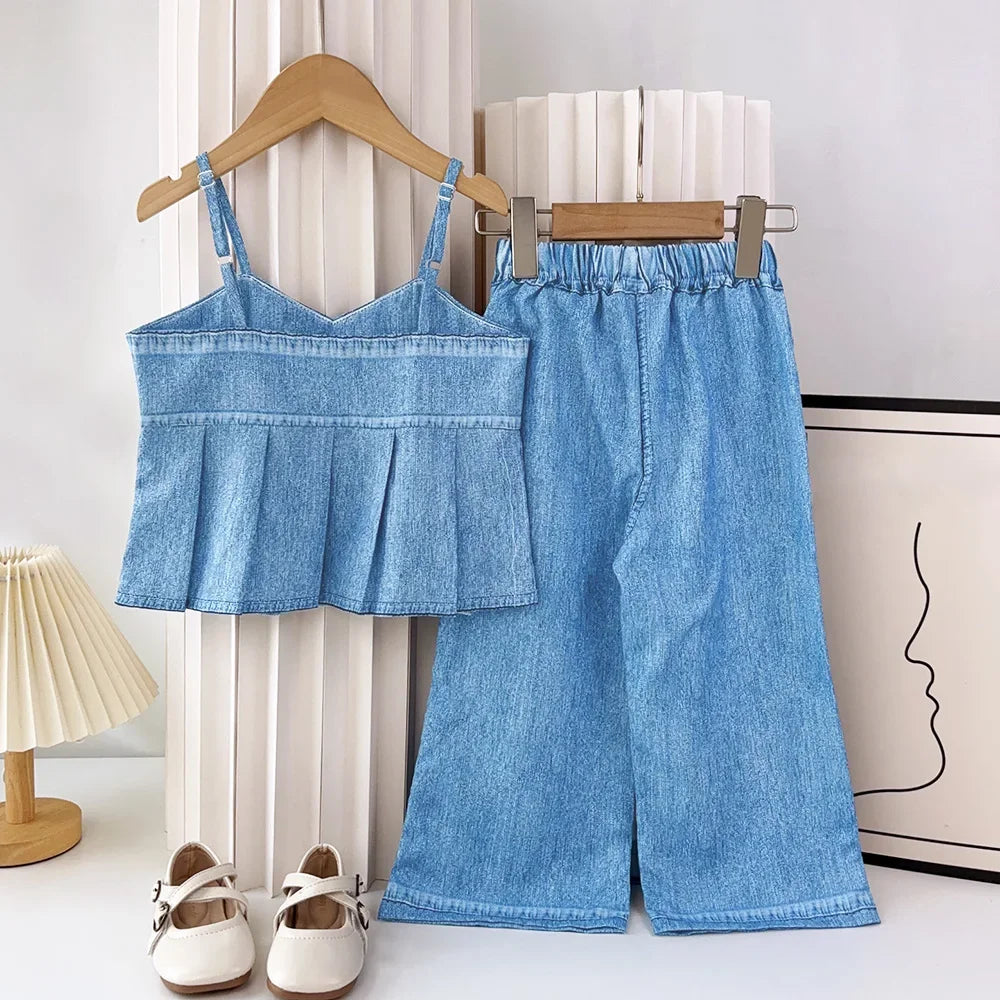 Girl's  Denim Sleeveless Camisole and Pants 2-piece Set