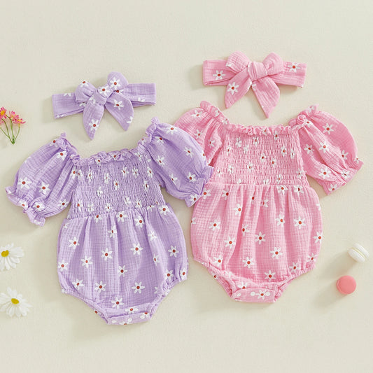 Baby Girls Summer Sunflower Romper - Off Shoulder Jumpsuit with Headband (0-18M)