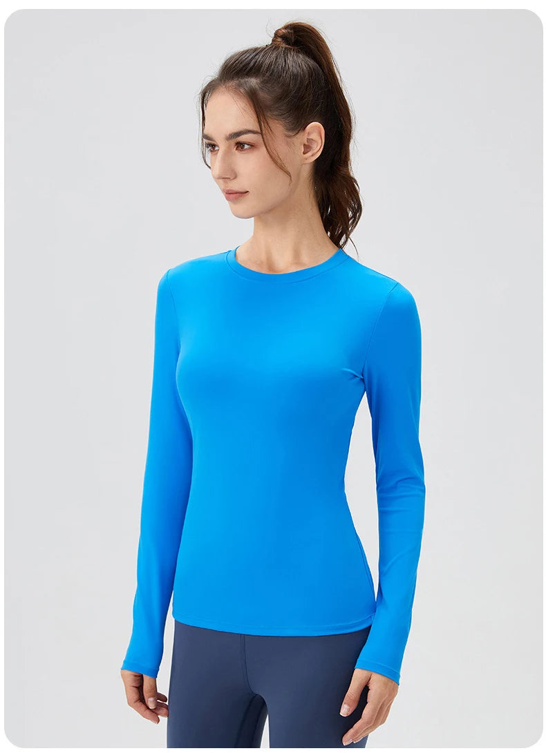 Women's Long Sleeve Yoga Shirt Solid Color Slim Fit Gym Running Top Breathable Quick Dry Workout Shirt Female Sportswear Fitness Top