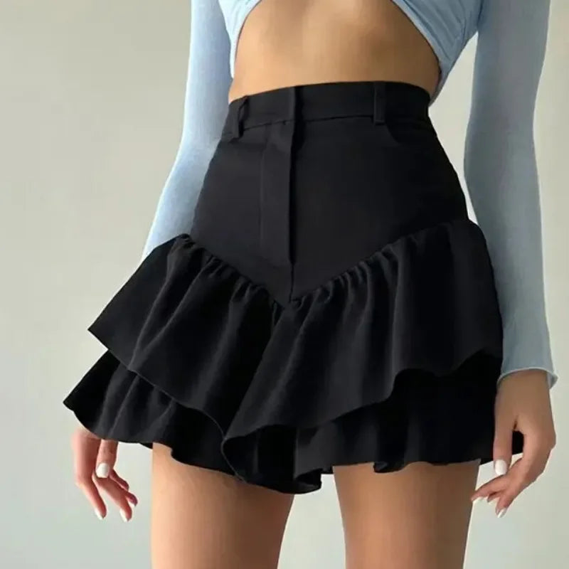 Women's Ruffles Temperament High Waist Folds Splice Shorts Skirt