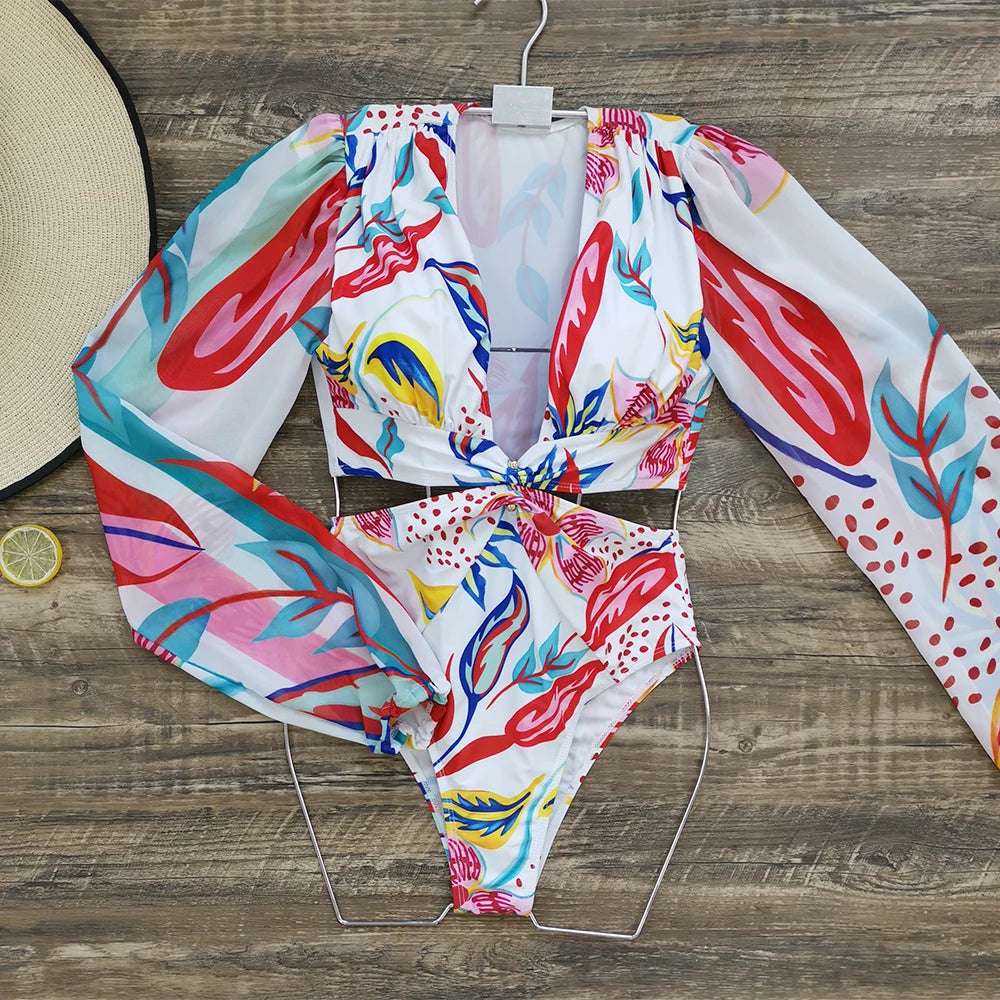 Women's Summer Vintage One Piece Swimsuit Long Sleeve Swimwear