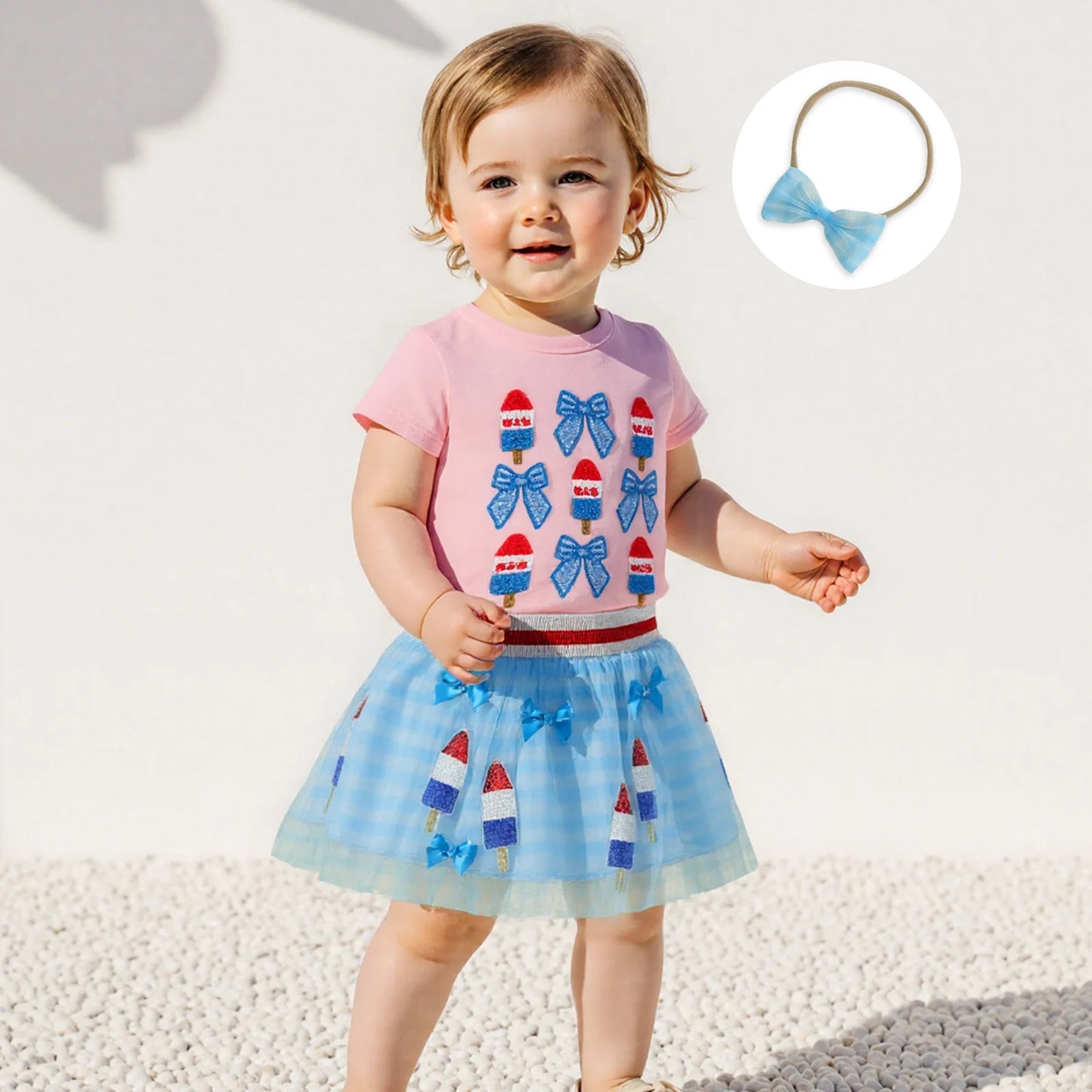 0-6Y Kids Girls American Flag Clothes Sets Bow Embroidery Short Sleeve T Shirt Mesh Lace Skirt Headband