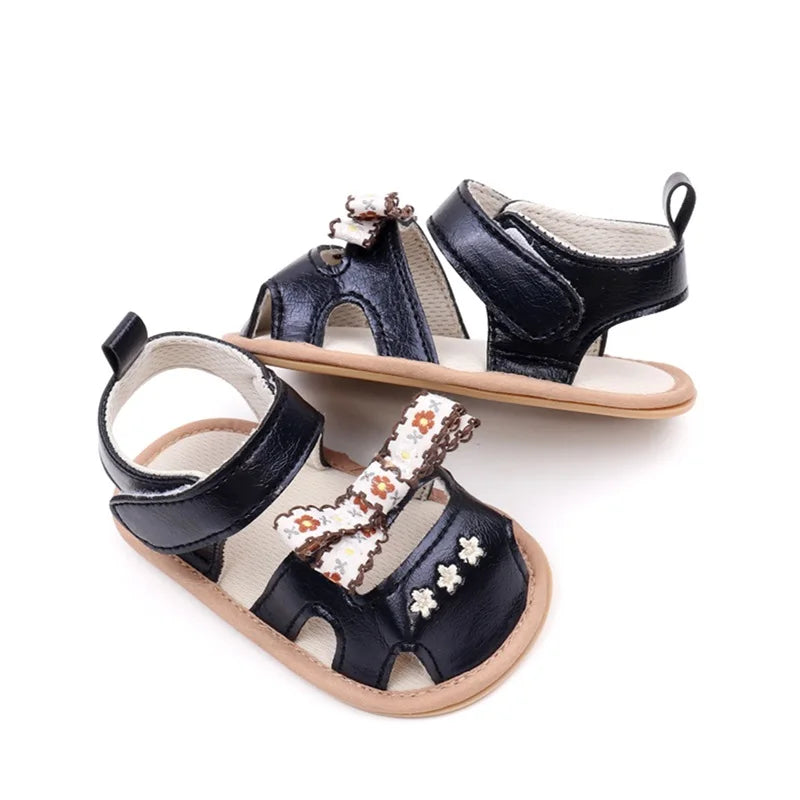 0-18M  Baby Girls Bows Sandals Shoes Floral Embroidered Hollowed out Summer Soft Sole Flats Walking Shoes