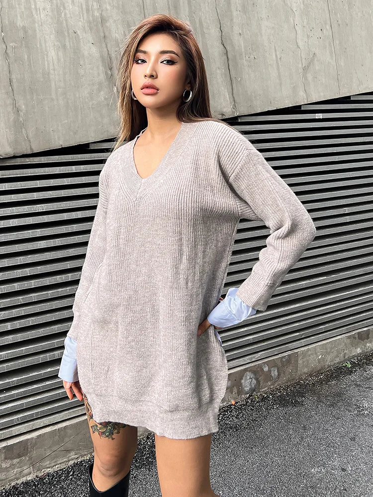 Women's Patchwork  V Neck Long Sleeve Loose Straight Knitting Pullover Sweater Shirt Dress