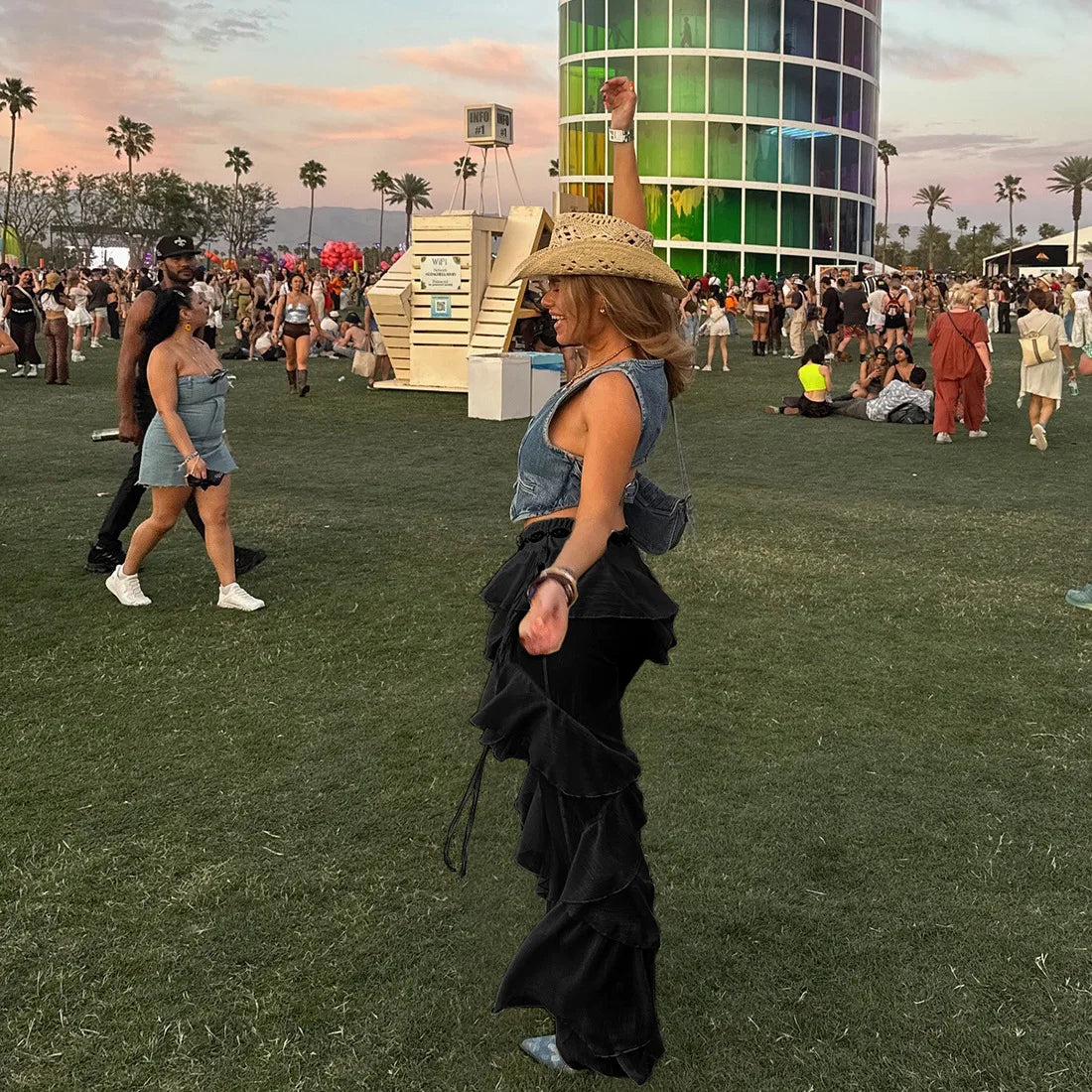 Women's Ruffled Tie Detail Flared Pants - Mesh Sheer Stretch Trousers