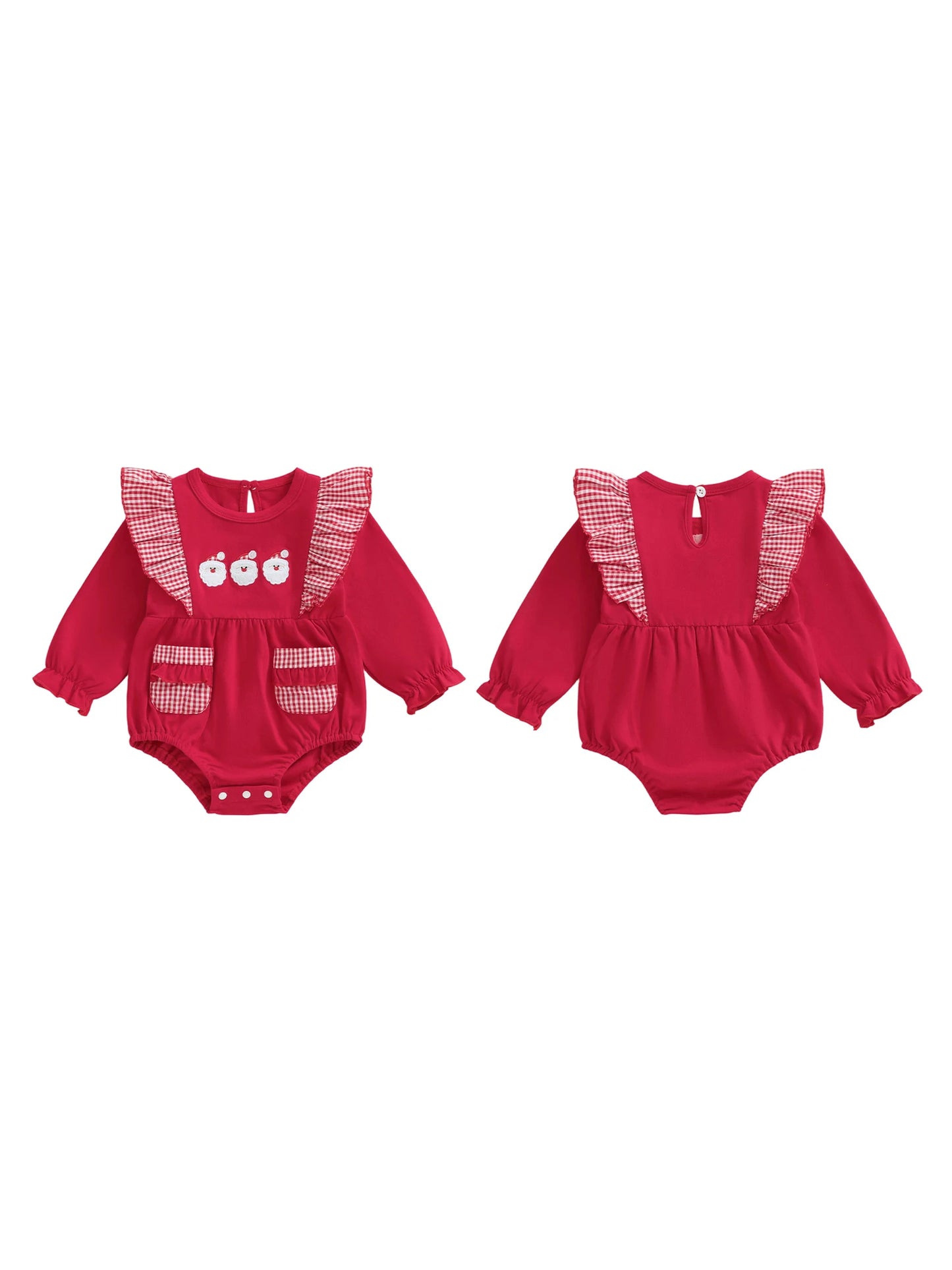Baby Christmas Romper - Santa Plaid Ruffle Trim Long Sleeve Bodysuit with Pockets (0-18M)
