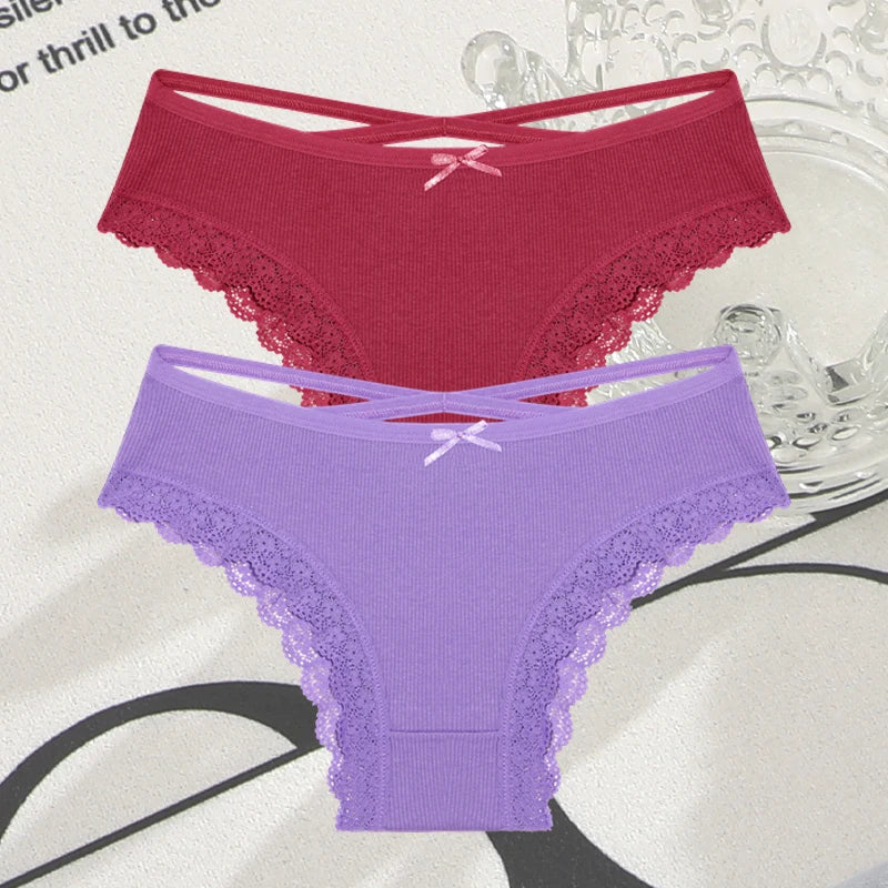 Women's Cotton Panties - 2 Pack Lace Brazilian Briefs Low-Waist