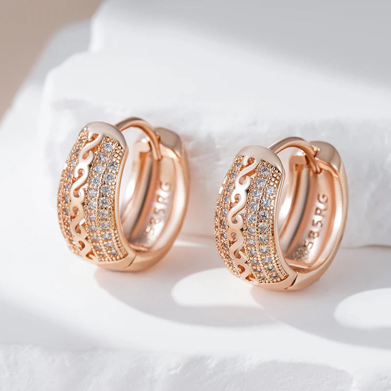 Women's Hollow Pattern  Natural Zircon  585 Rose Gold Color Hoop Earrings