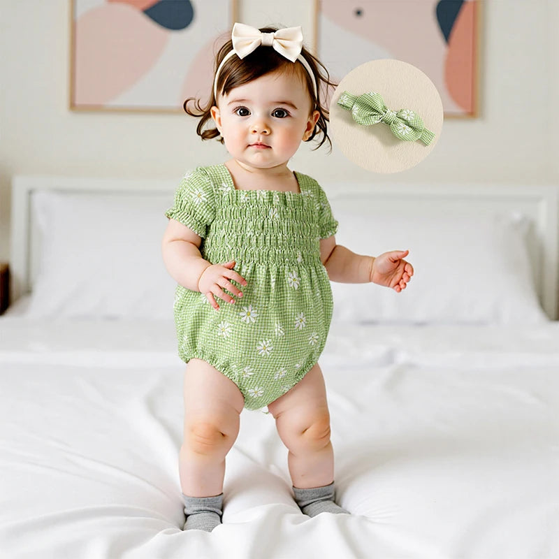 Baby Girls Romper Set with Headband - Plaid Flower Print Short Sleeve Bodysuit 2-Piece