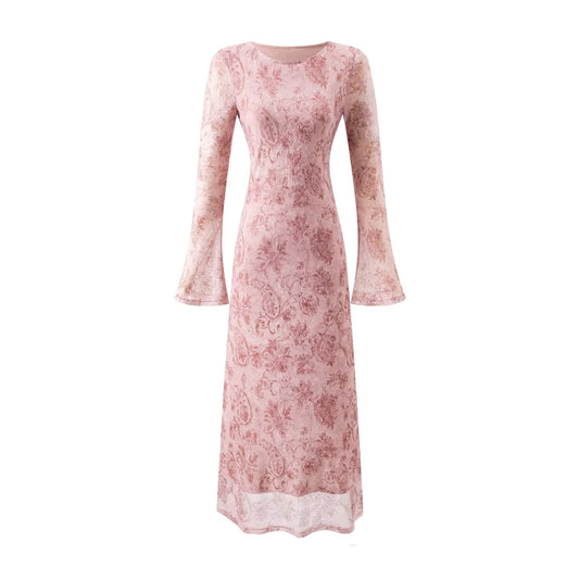 Women's French Retro Printed Mesh Dress - Trumpet Sleeve Wrap Style