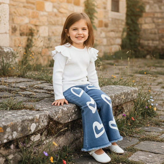 Toddler Girls Spring Fall Outfit Set - Ribbed Long Sleeve Top & Heart Flare Jeans 1-6Y