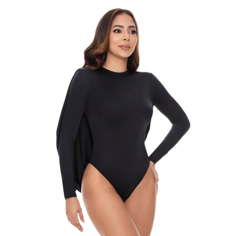 Women's Backless Long Sleeve Top Draped Bodysuit Round Neck Top Coquette