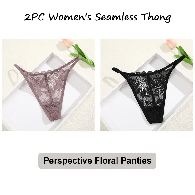 Floral Lace Thong Underwear - Low Waist Transparent Briefs for Women