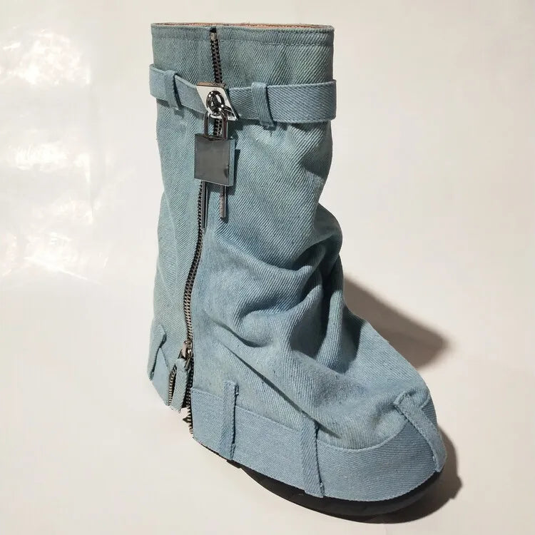 Women's Metal Buckle Thick Soled Denim Boots