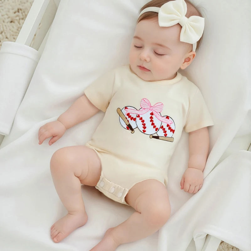Baby Girls Boys Summer Romper Short Sleeve Round Neck Bow Baseball Embroidery Bodysuit Jumpsuit Babygrow