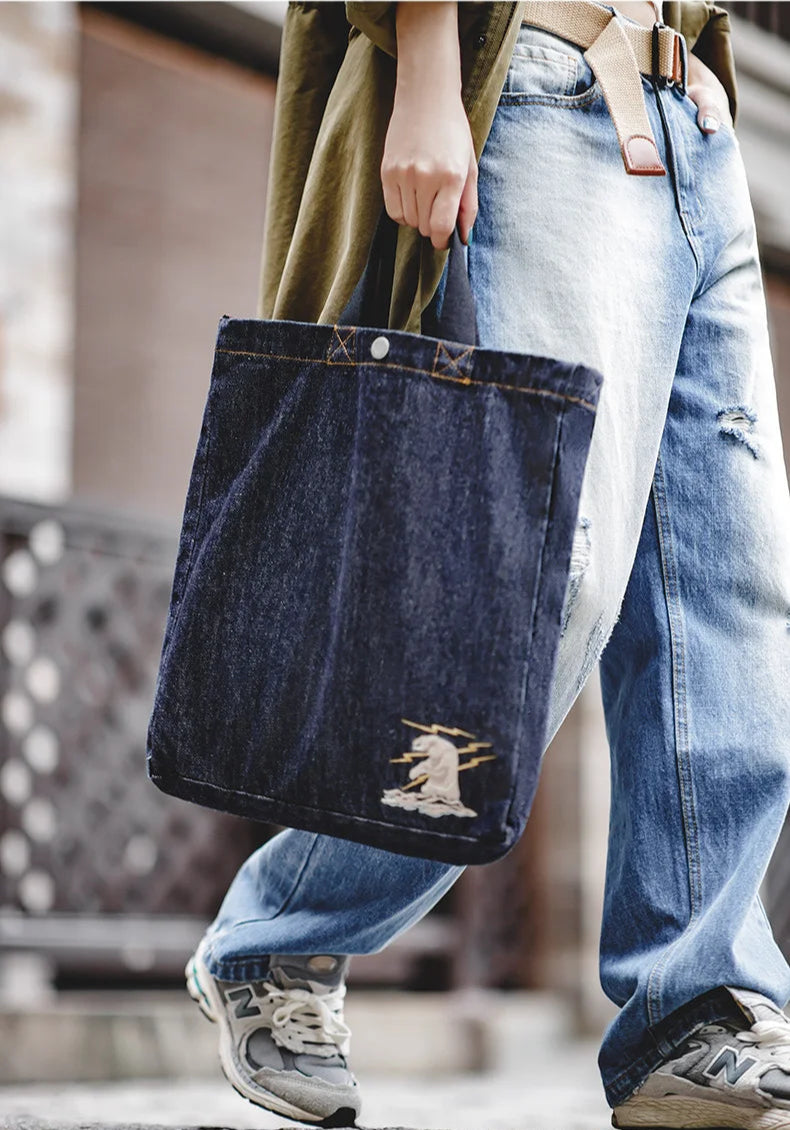 Women's Workwear American Retro Shoulder Crossbody Denim Embroidery Large Capacity Portable Flat Tote Bag