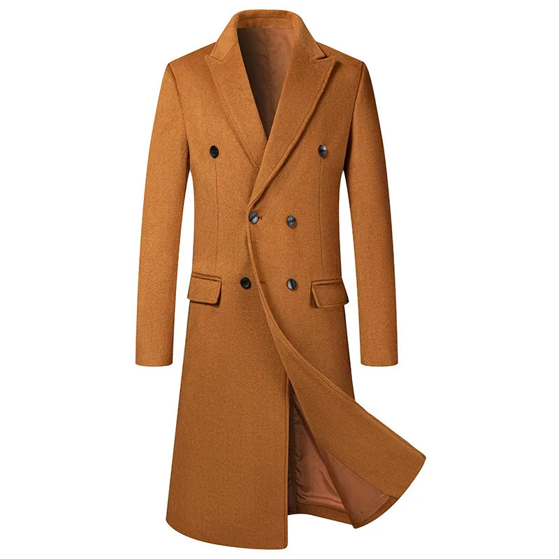 Men's Double Breasted Wool Blend Trench Coat - Smart Casual Winter Outerwear