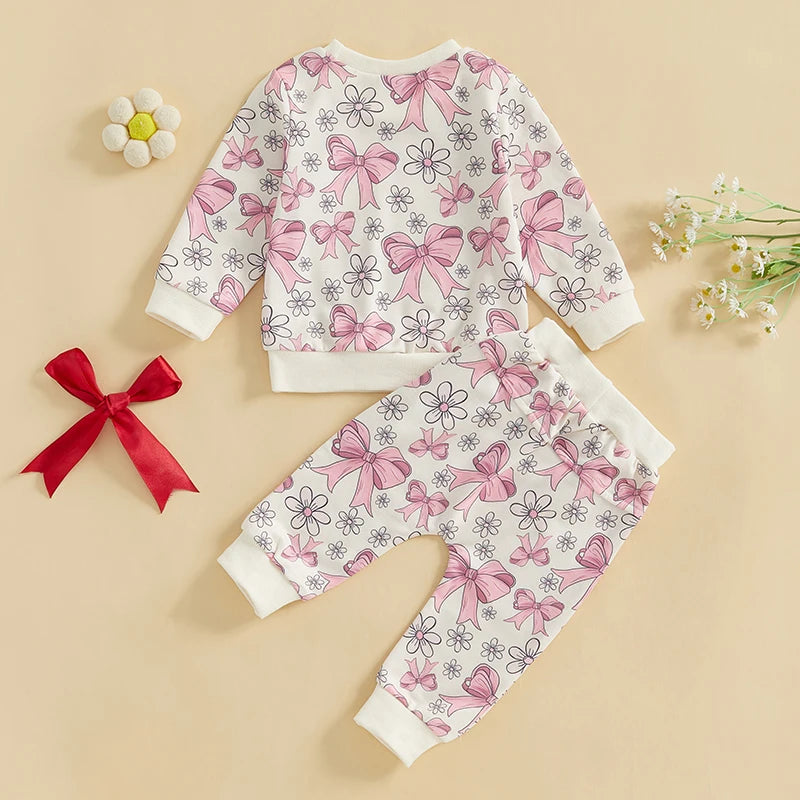 0-3Y Toddler Baby Girls Fall Clothes Sets 2pcs Bow Flower Print Long Sleeve Sweatshirt Elastic Waist Pants
