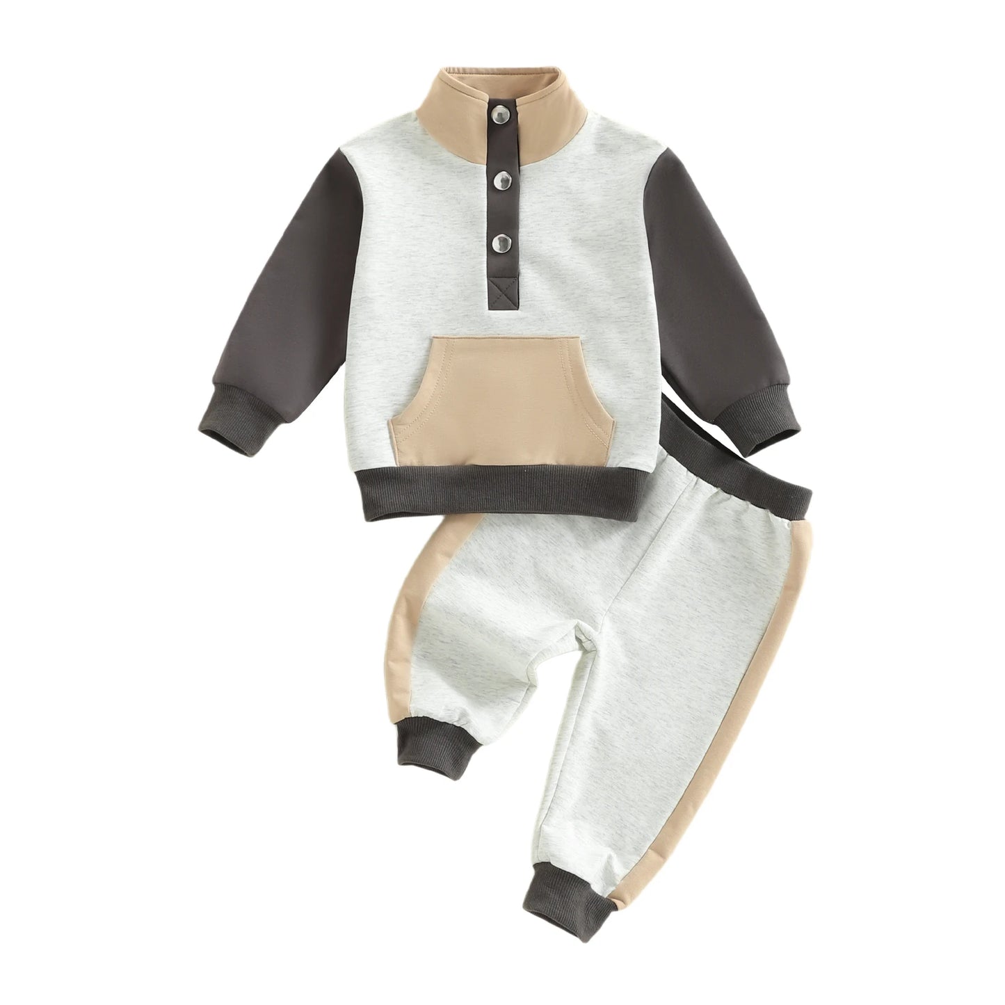 Toddler Kids Boys Girls Colour Patchwork Long Sleeve Stand Collar Pullover and Pants Set