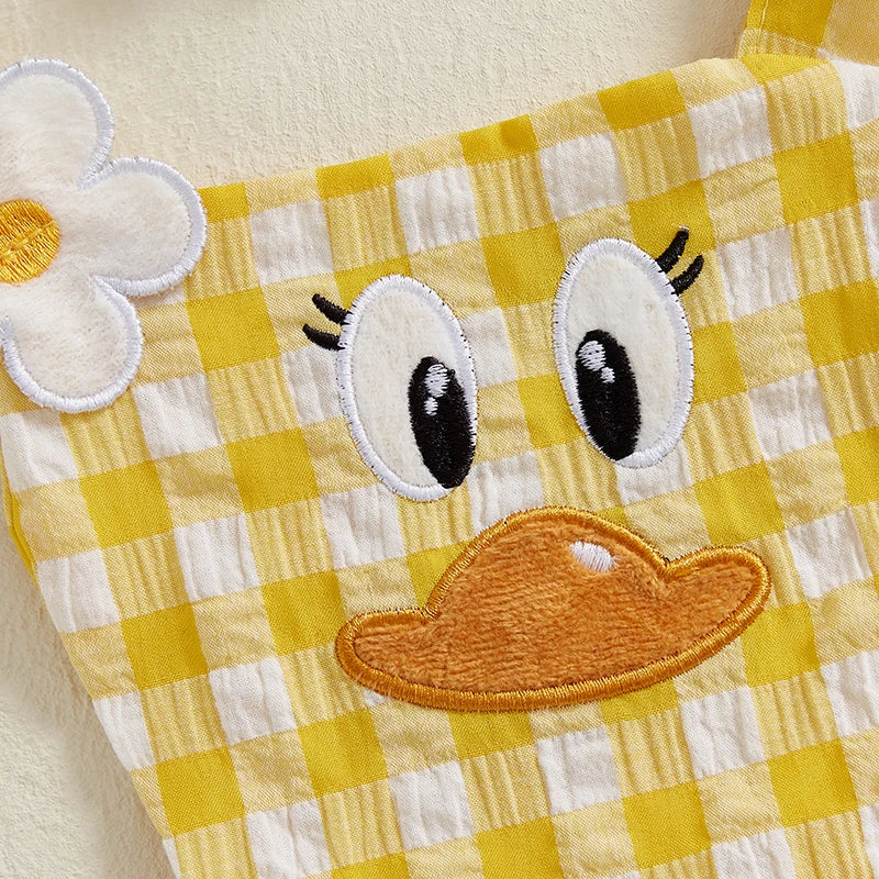 Baby Girls' Cartoon Duck Embroidery Plaid Sleeveless Romper with Floral Headband | Square Neck Summer Playsuit | 3M–12M