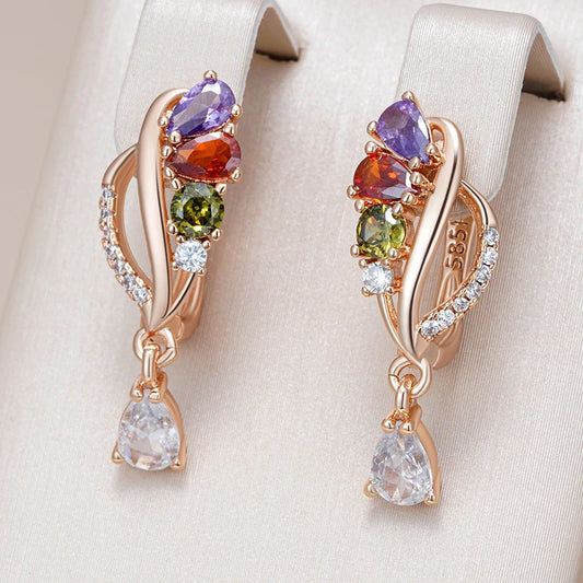 Women's Shiny 585 Rose Gold Colour Colourful Natural Zircon Drop Earrings