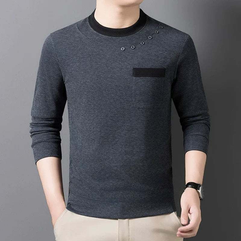 Men's Patchwork O-Neck Knit Pullover - Smart Casual Warm Sweater with Pocket