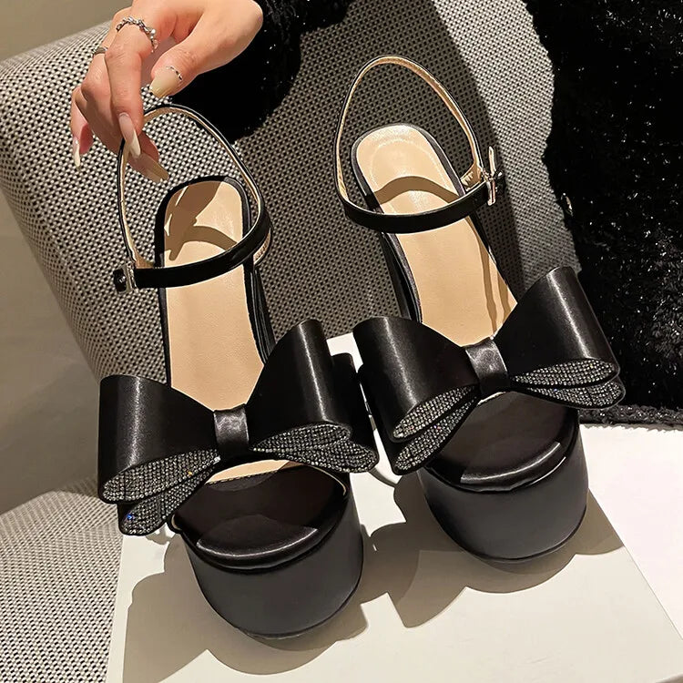 Women's Butterfly Rhinestone Thick Heel Sandals - Open Toe Party Shoes