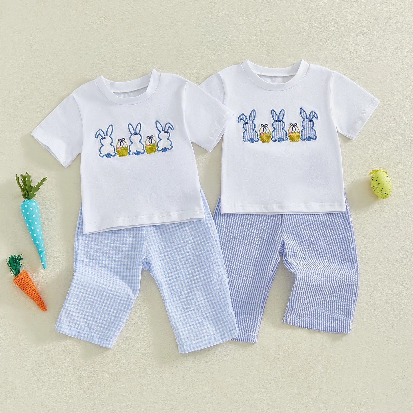 0-4Y Toddler Kids Boys Easter Clothes Sets Short Sleeve Rabbit Embroidery T Shirts Plaid/Striped Pants Set