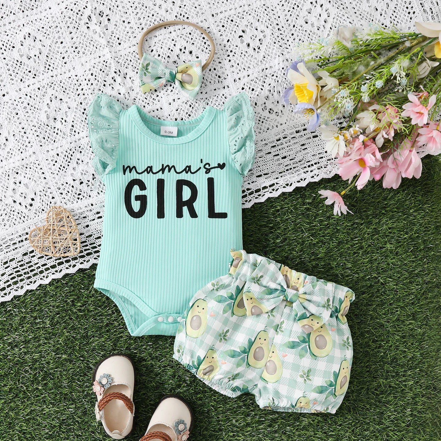 3pcs Baby Girls Summer Clothes Sets - Lace Fly Sleeve Letter Print Ribbed Romper Floral/Fruit Shorts with Headband