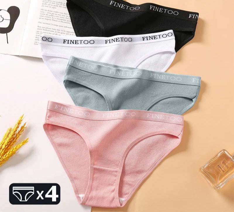Women's 4Pcs Cotton Striped Underwear Panties Letter Belt Briefs  Low Waist Lingerie