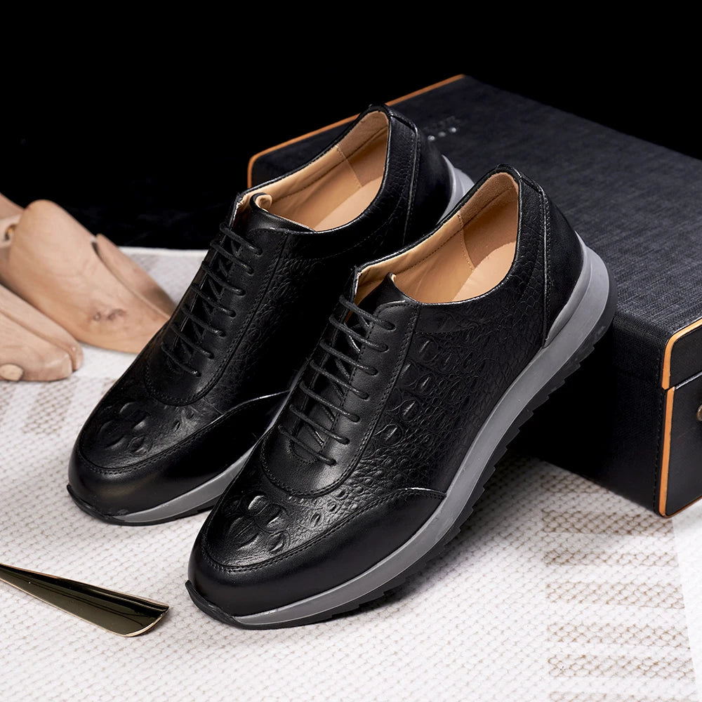 Men's Genuine Leather Crocodile Pattern Oxford Sneakers – Lace-Up Casual Flat Shoes