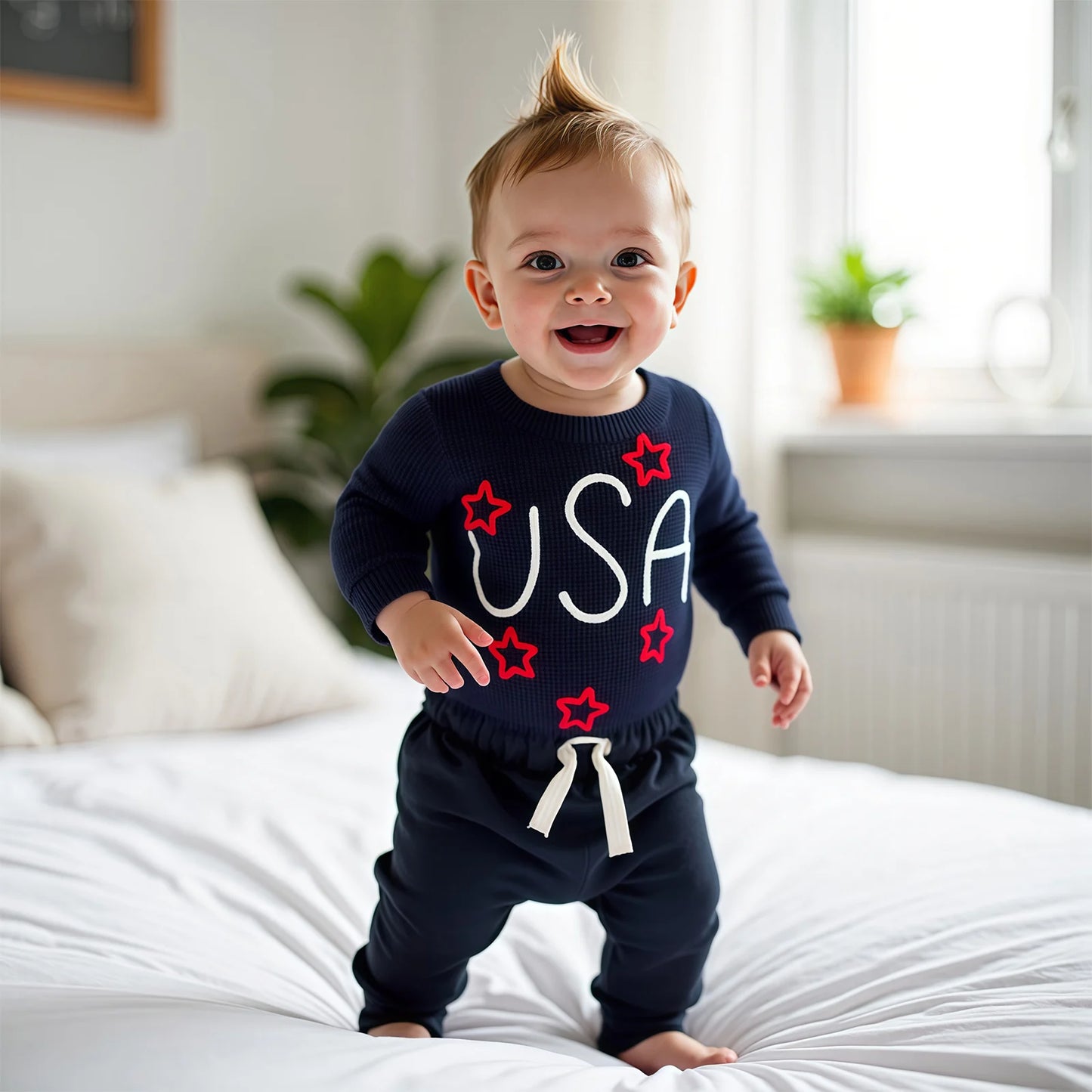0-5Y USA Kids Boys Girls Sweater Letter Star Embroidery Long Sleeve Crew Neck Knitted Pullover Tops