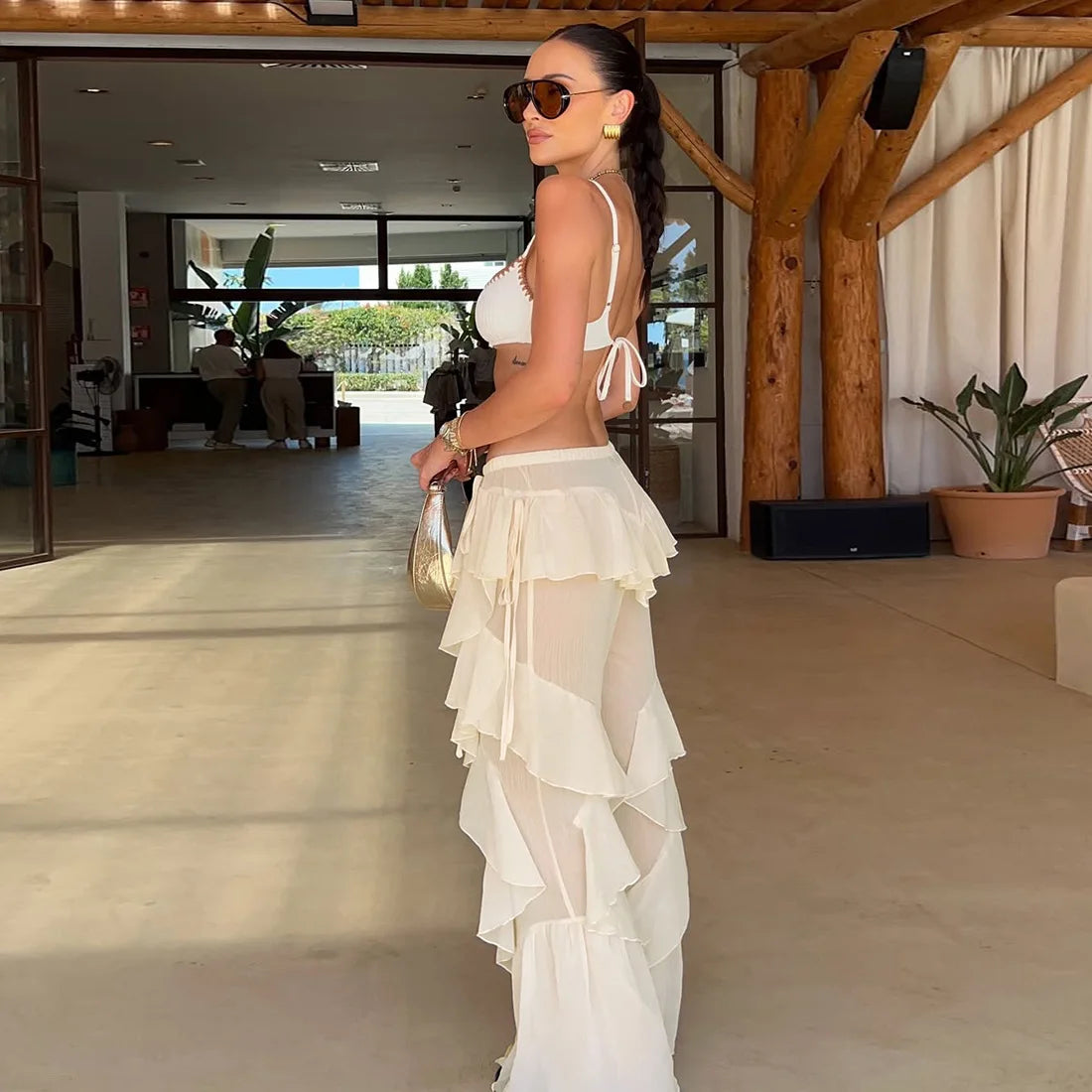 Women's Ruffled Tie Detail Flared Pants - Mesh Sheer Stretch Trousers