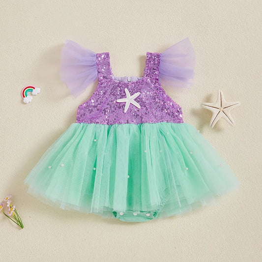 Baby Girls' Princess Sequin & Pearl Tulle Romper Dress | Flying Sleeve Square Neck Jumpsuit | 3M–24M