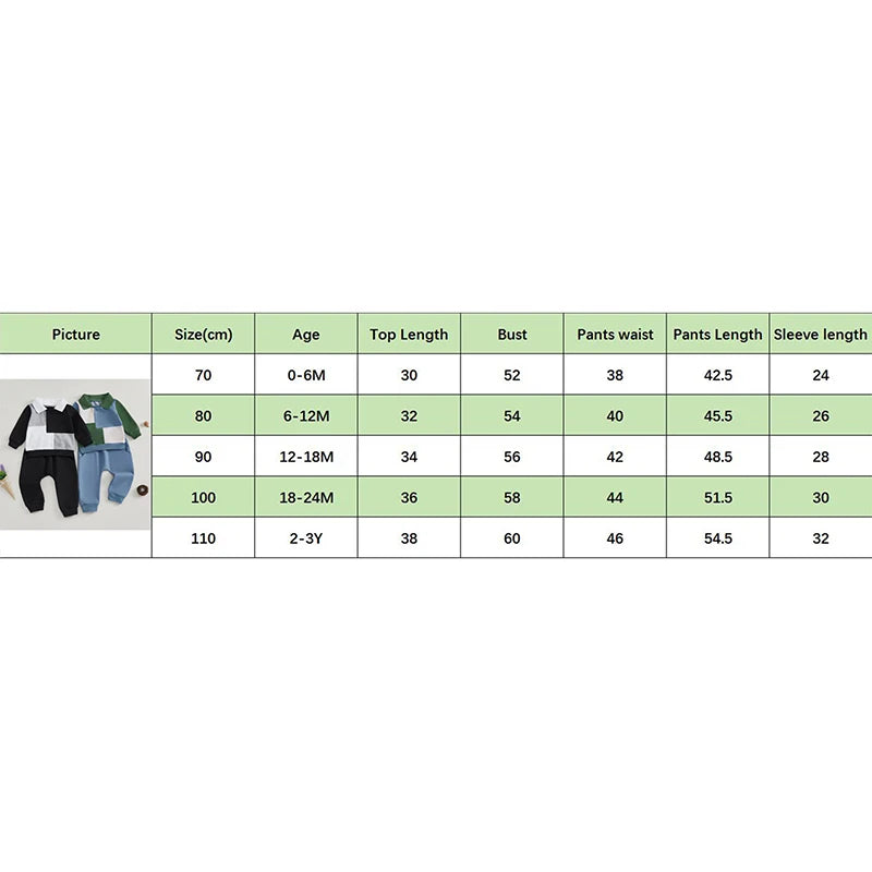 0-3Y Baby Boys 2Pcs Clothes Sets Outfit Long Sleeve Lapel Collared Colour Patchwork Sweatshirt and Pants