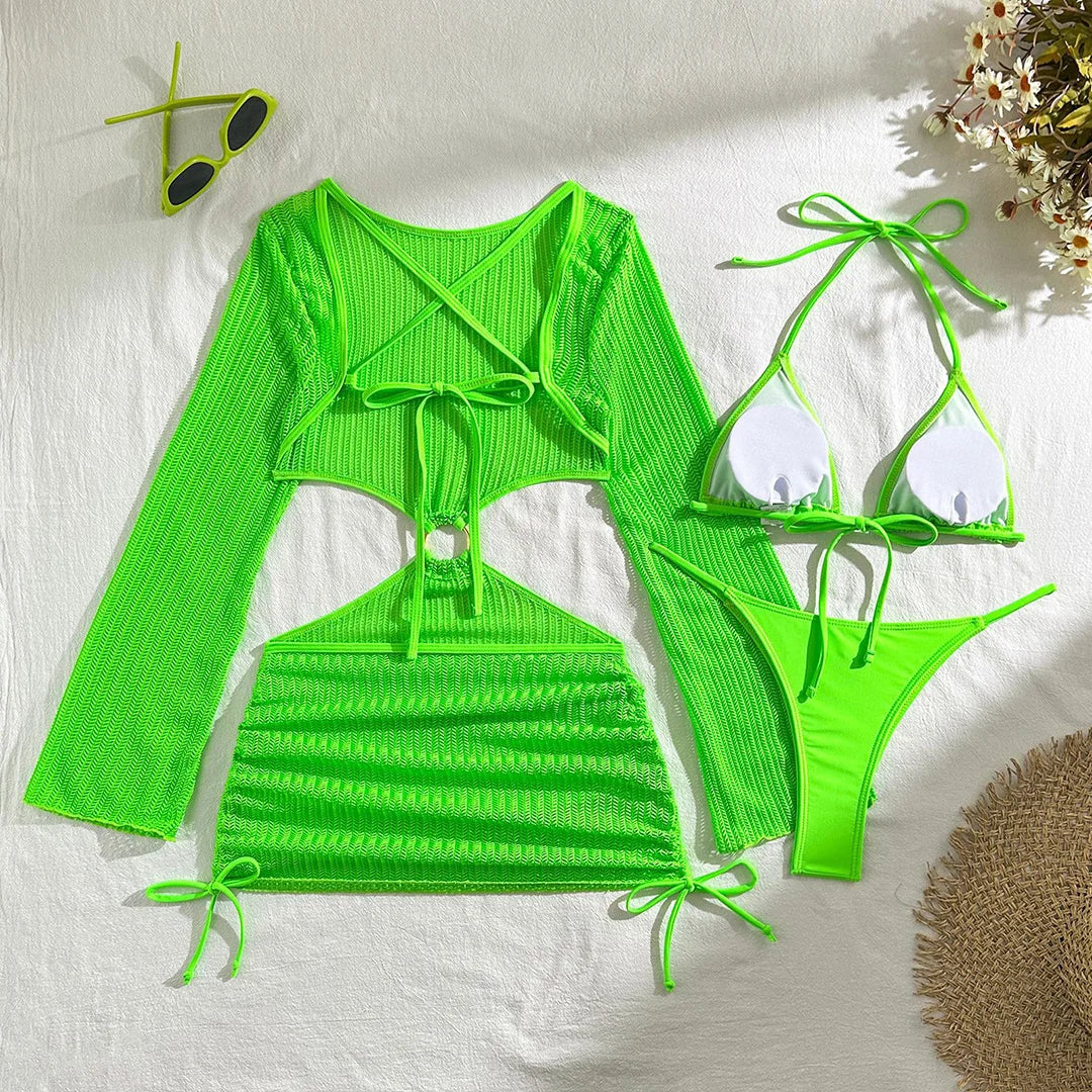 Women's Halter Bikini Set with Long Sleeve Cover-Up | Three-Piece Wire-Free Padded Swimwear