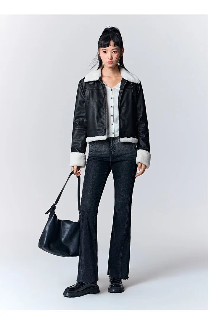 Quilted Faux Leather Cropped Jacket - Women's Winter Outerwear