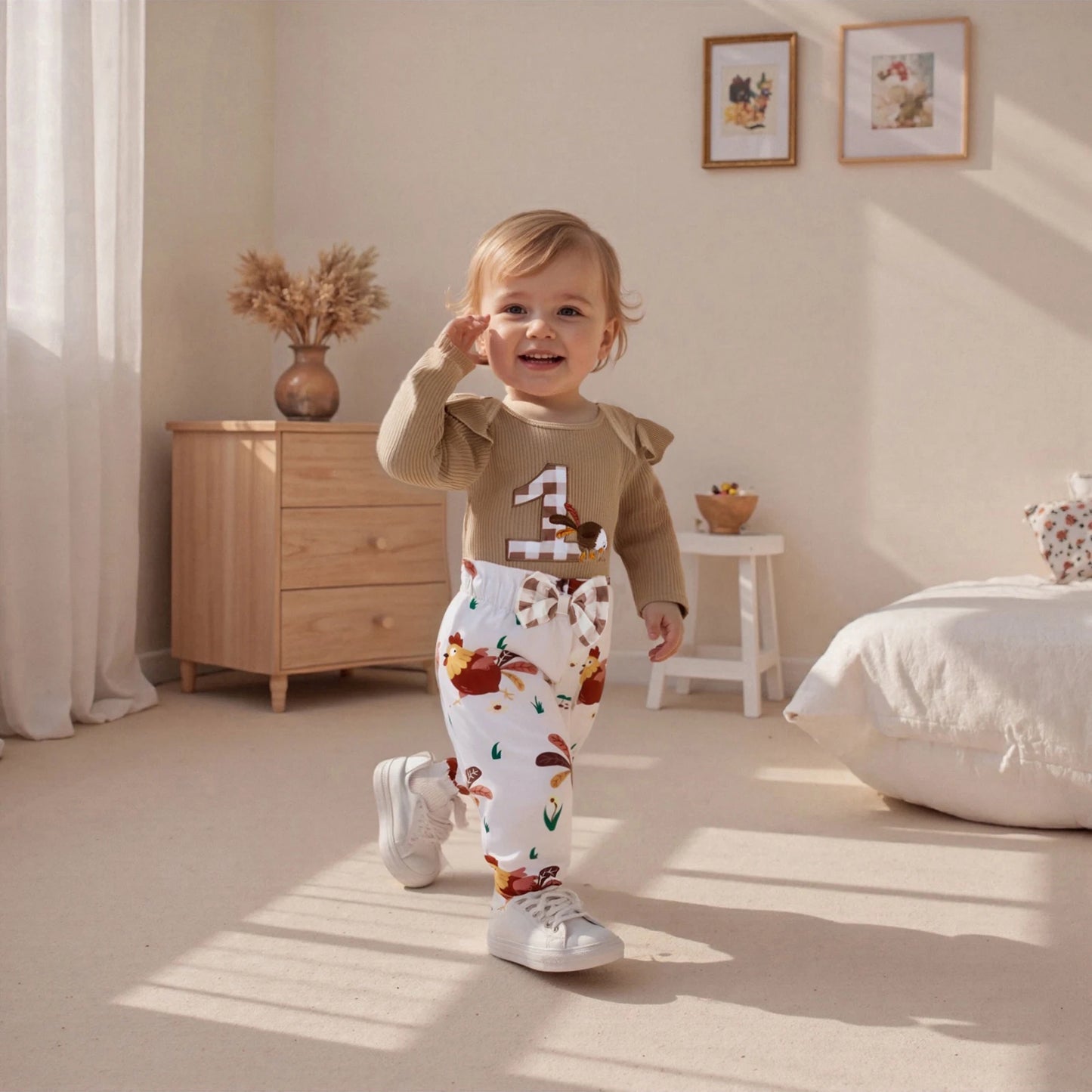 Baby 3-Piece Outfit Set - Ruffle Long Sleeve Embroidery Romper & Pants (0-18M)