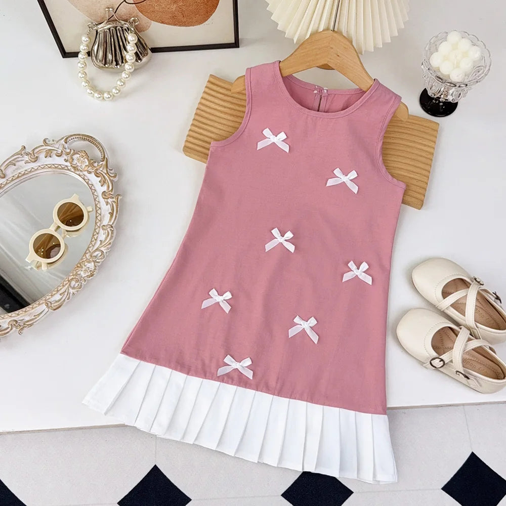 Girl's Summer Casual Round Neck Bow Sleeveless Princess Dress