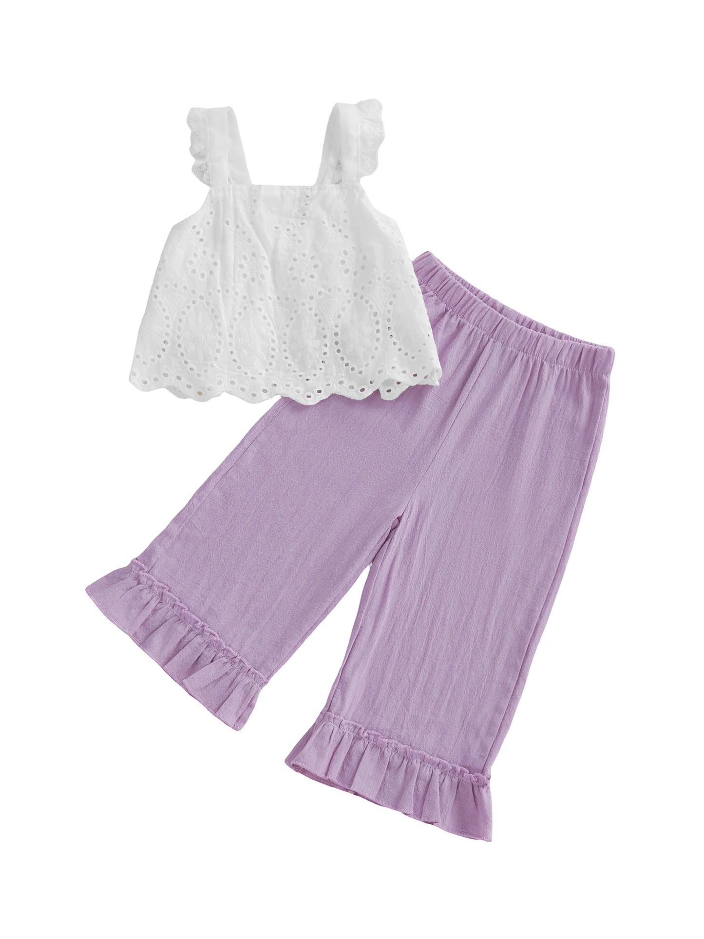 Girls Spring Outfit Set - Lace Ruffle Sleeveless Top & Wide Leg Pants (2-7Y)